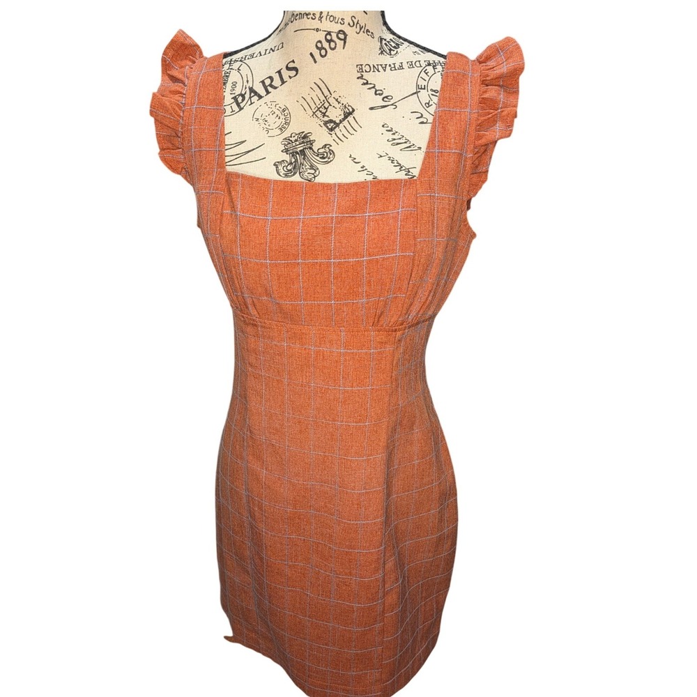 Allison & Kelly Womens Burnt Orange Windowpane Plaid Ruffle‎ Sheath Dress Medium